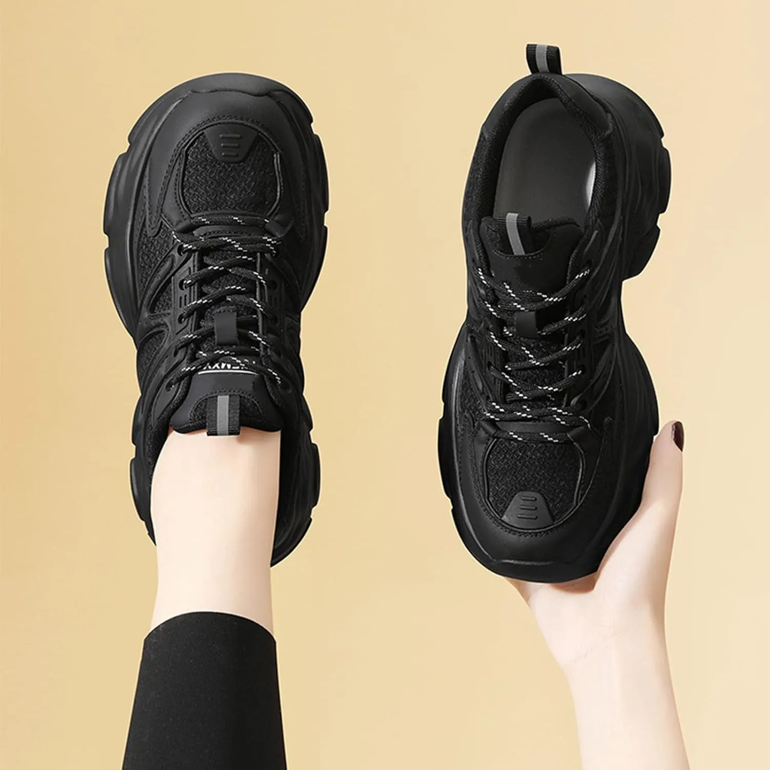 Women's Ultra-Light Sneakers: Breathable Casual Shoes with Thick Sole, Versatile Black Color, Fashion Platform Trainers/Lace-up Design,Black-39