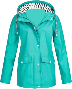 Women's Waterproof Rain Jacket 2024 Fall Striped Overcoat Waterproof Lined Plus Size Raincoat with Hood