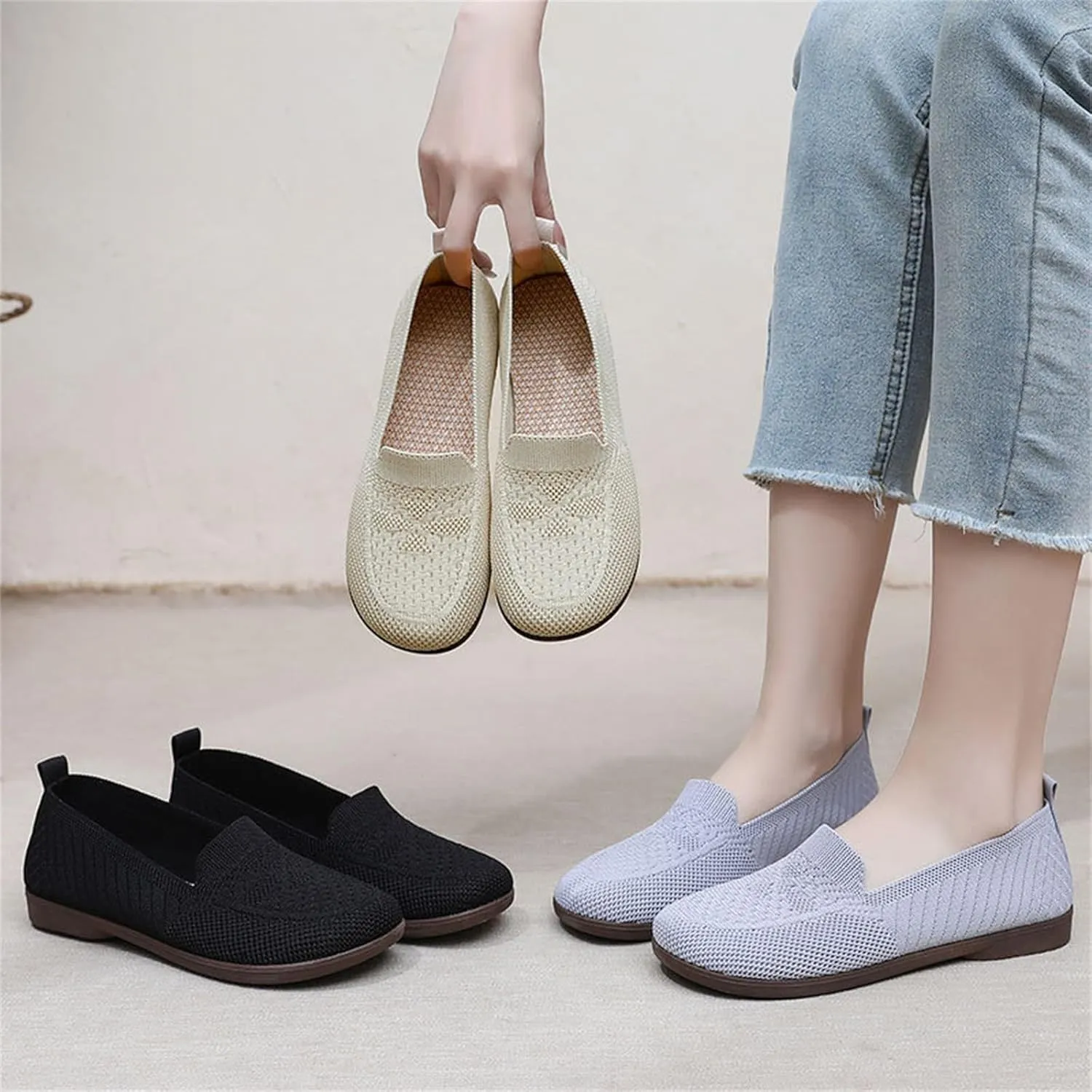 Women's Woven Orthopedic Breathable Soft Shoes Arch Support, Comfortable L𝐨w Heel Slip on Sneaker Mesh Anti Slip Sports Shoes