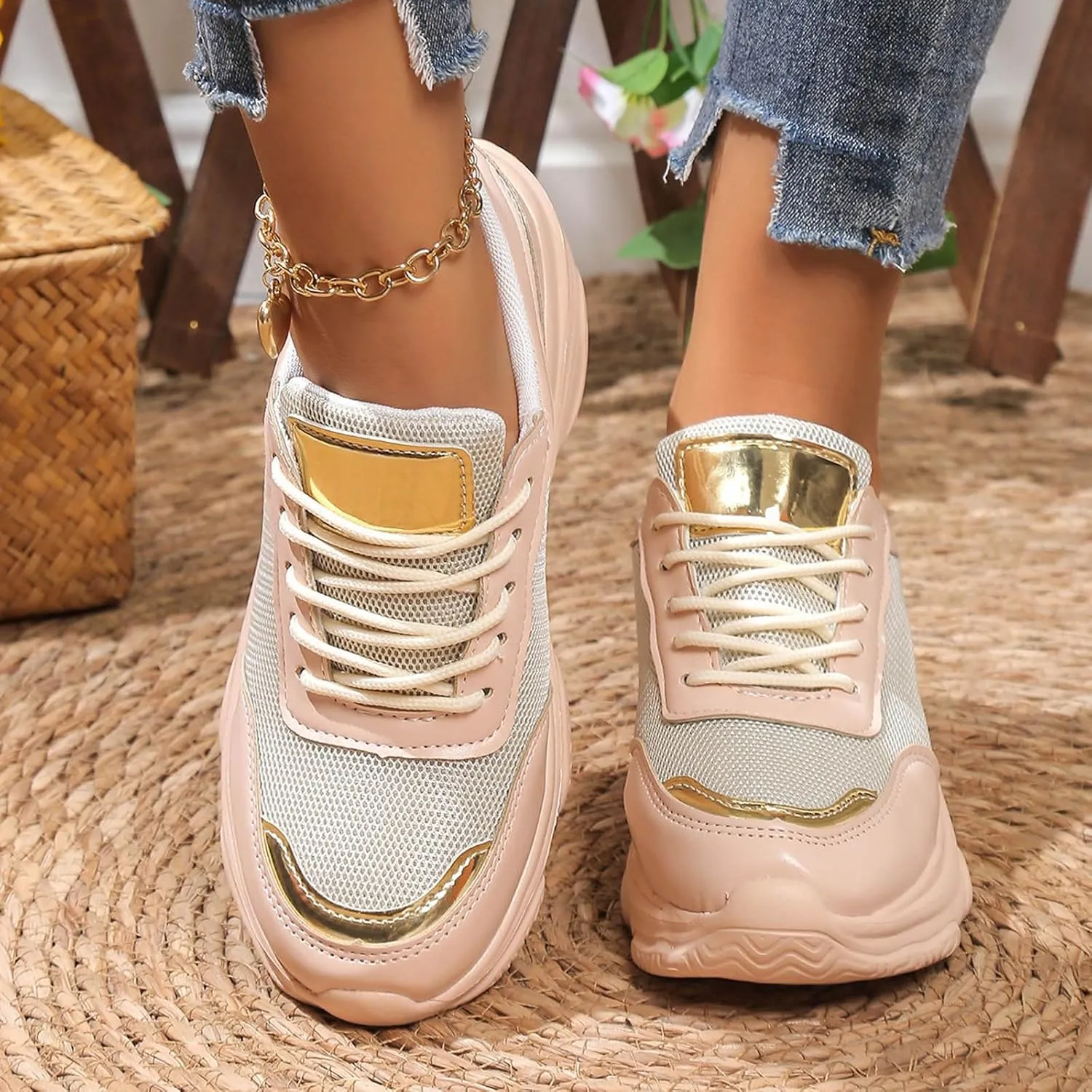 ZSpzx Women's Fashion Walking Sneakers Lace Up Slip On Arch Support Orthopedic Breathable Workout Running Wedge Shoes Casual Air Cushioned Jogging Tennis Sneaker for Plantar Fasciitis Daily Wear